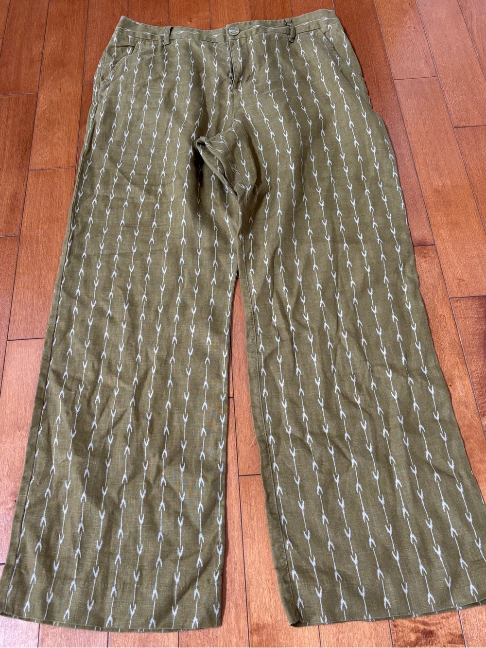 Garnet Hill Women’s Size 12 Linen Wide Leg Olive Pants Patterned European Flax